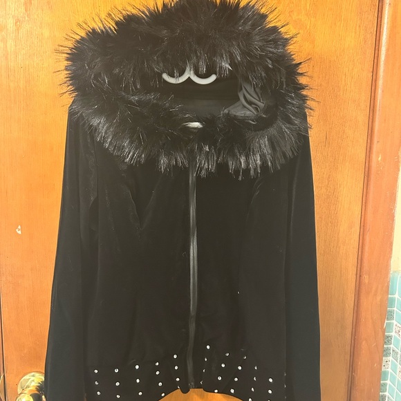 New Trendy Alternative Gothic Black Faux Fur Hood Womens Jacket With Gem Details - Picture 5 of 6
